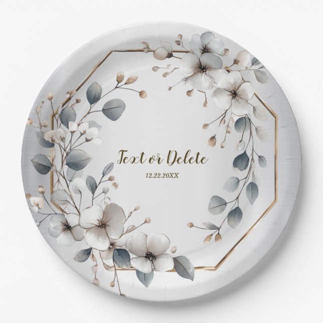 Weißfarbene Blume Golden Frame Silber Aquamarin Pappteller (Vorderseite)