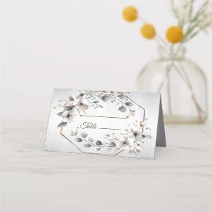 Weißfarbene Blume Golden Frame Silber Aquamarin Platzkarte