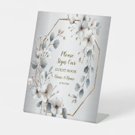 Weißfarbene Blume Golden Frame Silber Aquamarin Sockelschild