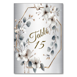 Weißfarbene Blume Golden Frame Silber Aquamarin Tischnummer