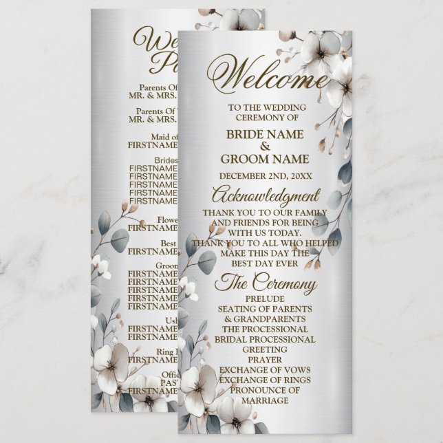Weißfarbene Blume Goldrahmen Silber Hochzeit Programm (Vorne/Hinten)