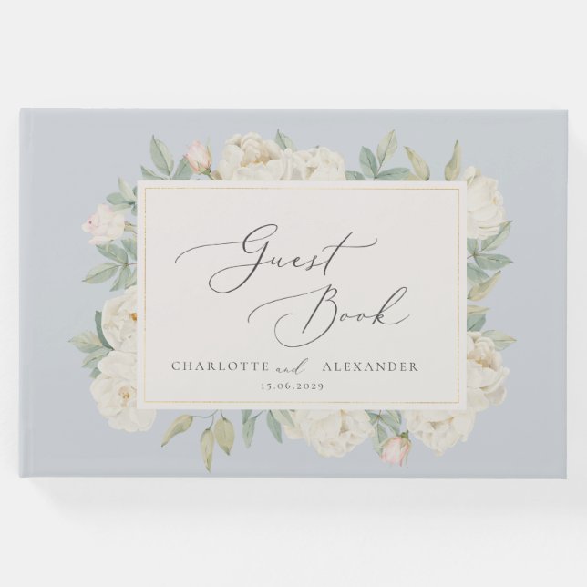 Weißfarbene Blume, hellblaues Gästebuch (Vorderseite)