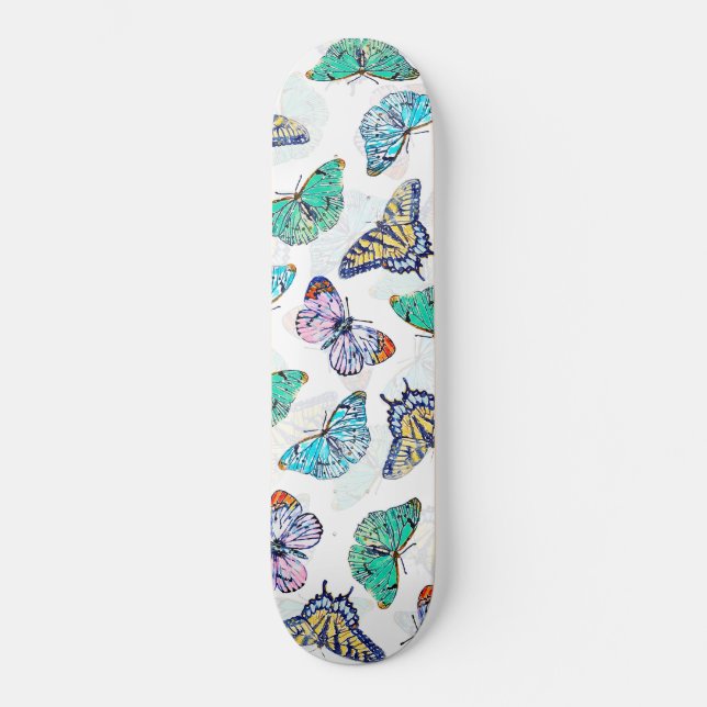 Weißfarbene Schmetterlinge Skateboard (Vorderseite)