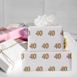 Weißgold zum 40. Geburtstag Geschenkpapier<br><div class="desc">Nummer 40 geschrieben mit einem goldenen Schriftart im Ballonstil auf weißem Hintergrund.</div>
