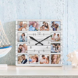 Weißgraues Holz Custom Foto Collage Elegant Quadratische Wanduhr