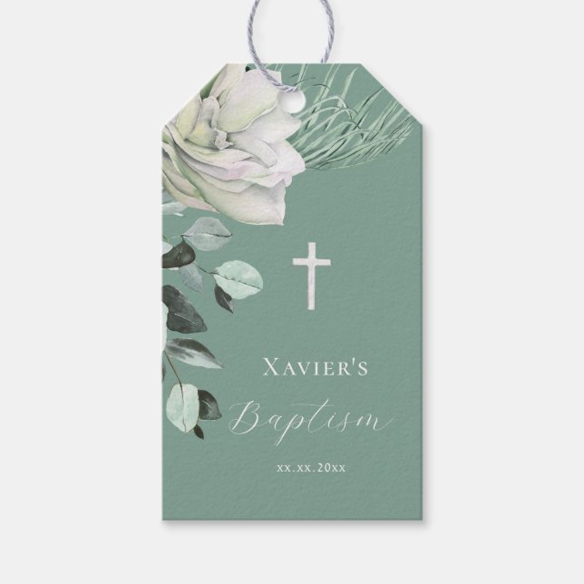 Weißgrüner Bouquet Taufe Geschenkanhänger (Vorderseite)