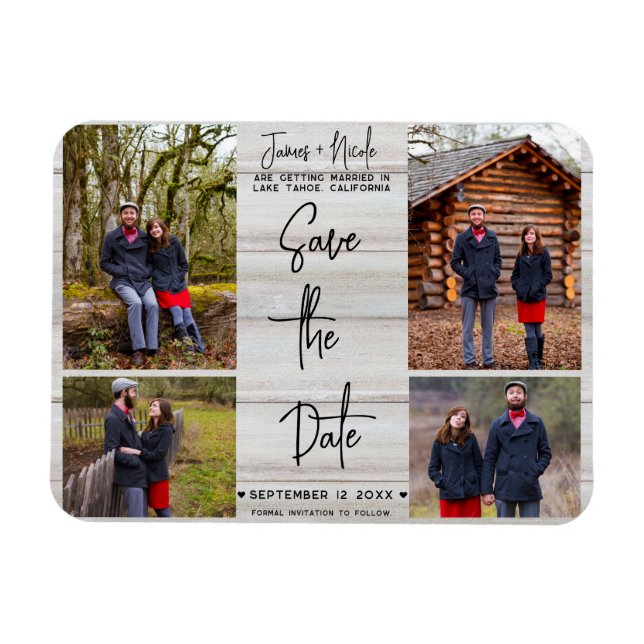 Weißholz Rustikale 4 Fotos Save the Date Hochzeit Magnet (Horizontal)