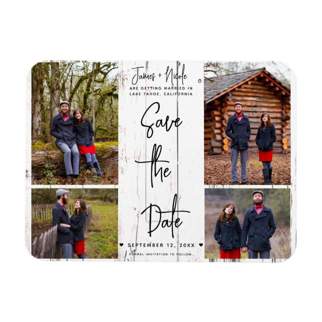 Weißholz Rustikale 4 Fotos Save the Date Hochzeit Magnet (Horizontal)