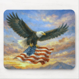 Weißkopfseeadler fliegt mit amerikanischer Flagge Mousepad