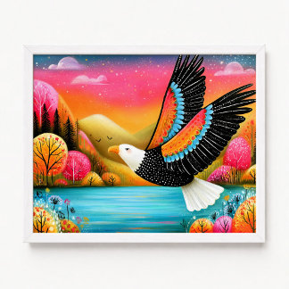 Weißkopfseeadler fliegt Rosa Orange Florale Malere Poster
