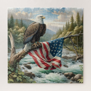 Weißkopfseeadler mit amerikanischer Flagge auf ein Puzzle