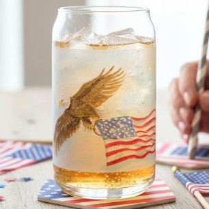 Weißkopfseeadler mit amerikanischer Flagge im Flug Dosenglas