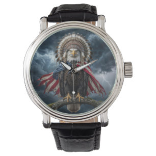 Weißkopfseeadler mit amerikanischer Flaggen-Umhang Armbanduhr