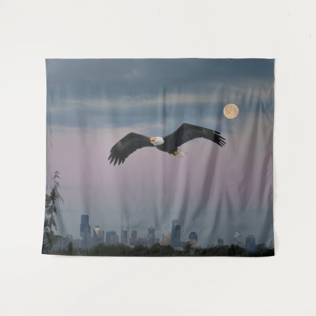Weißkopfseeadler vor Seattle und Mond Wandteppich (Vorderseite (Horizontal))