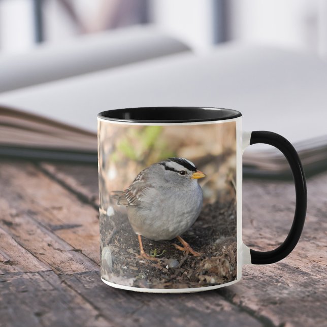 Weißkronenammer in der Wintersonne Tasse (Chubby White-Crowned Sparrow in the Winter Sun 11 oz Coffee Mug Cover Photo.)