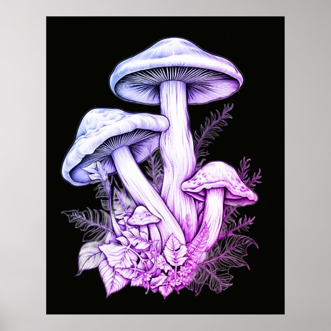 Weißlich violette Pilze Schwarze Hintergrundwand Poster (Vorne)