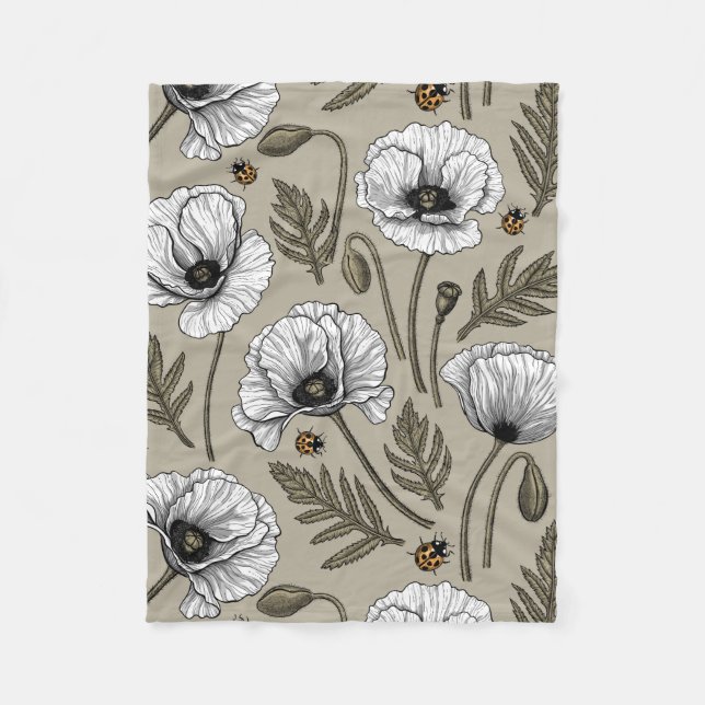 Weißmohn und Ladybugs Fleecedecke (Vorderseite)