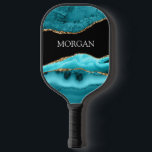 Weißname, Schwarz, Gold und Aquamarine Gattung Pickleball Schläger<br><div class="desc">Personalisieren Sie Ihren Namen in Weiß auf Schwarz,  Gold & Aquamarin Agate.</div>