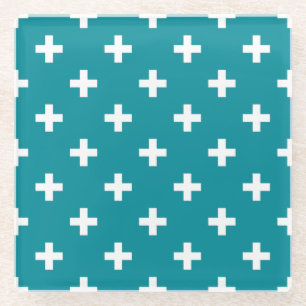Weißpolka kreuzt aquamarin glasuntersetzer