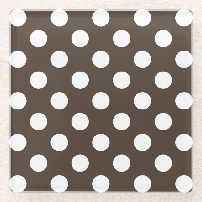 Weißpolka-Punkte auf braun Glasuntersetzer (Vorderseite)
