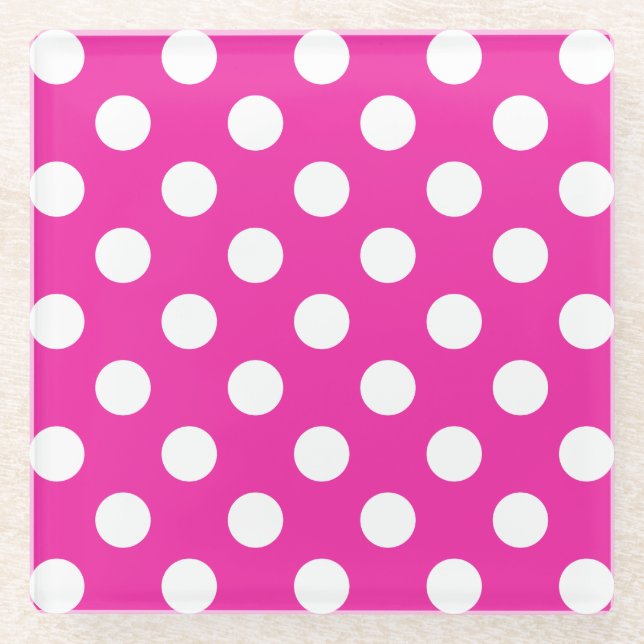 Weißpolka-Punkte auf Fuchsia Glasuntersetzer (Vorderseite)