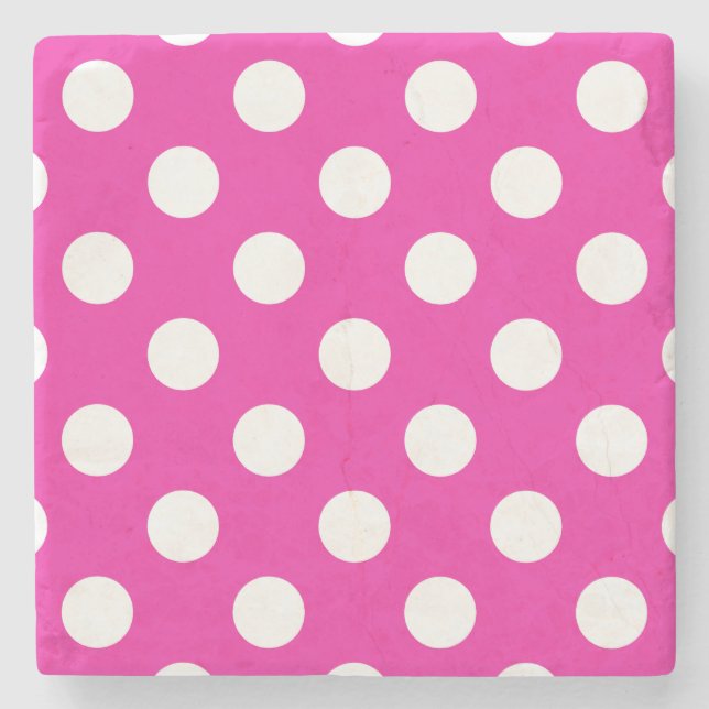 Weißpolka-Punkte auf Fuchsia Steinuntersetzer (Vorderseite)