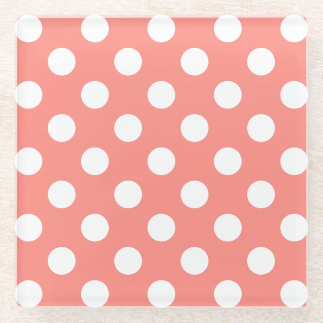 Weißpolka-Punkte auf Pfirsich Glasuntersetzer (Vorderseite)
