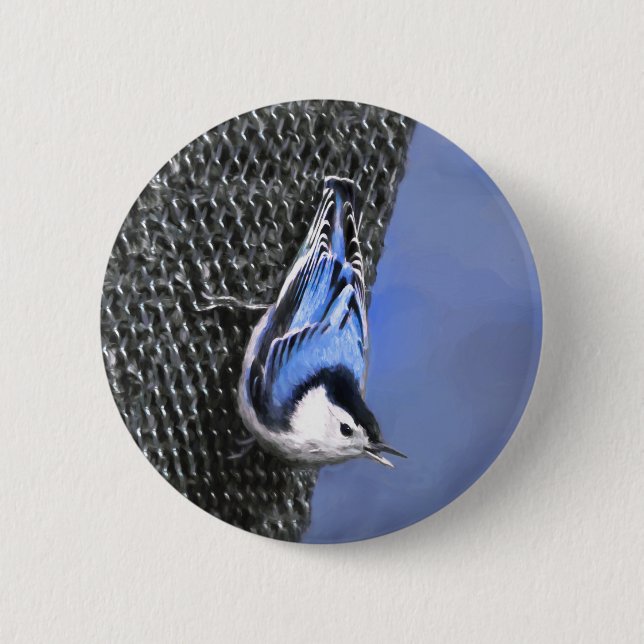 Weißreißer Nuthatch Malerei Original Vogelkunst Button (Vorderseite)