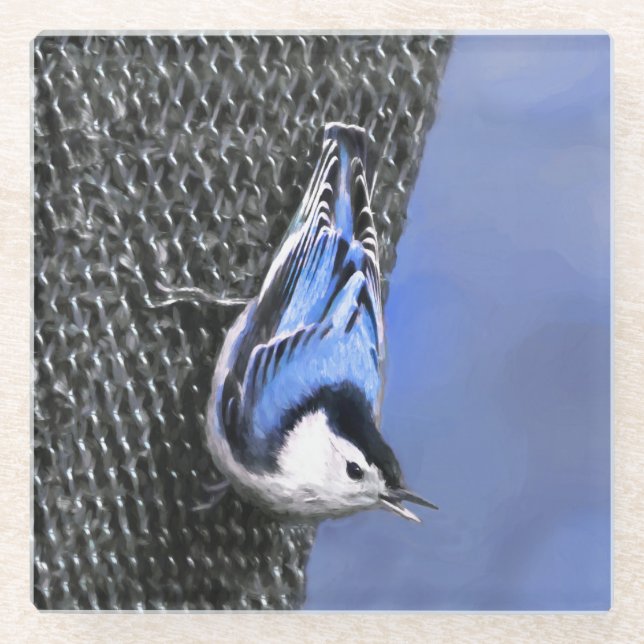 Weißreißer Nuthatch Malerei Original Vogelkunst Glasuntersetzer (Vorderseite)