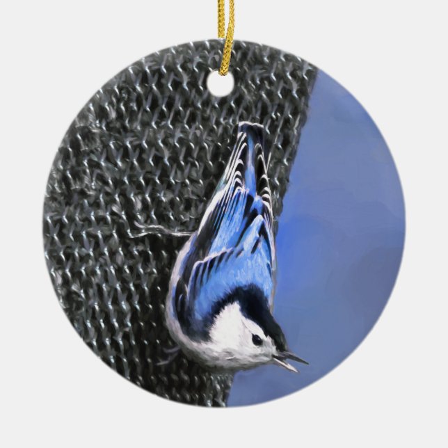 Weißreißer Nuthatch Malerei Original Vogelkunst Keramik Ornament (Vorne)