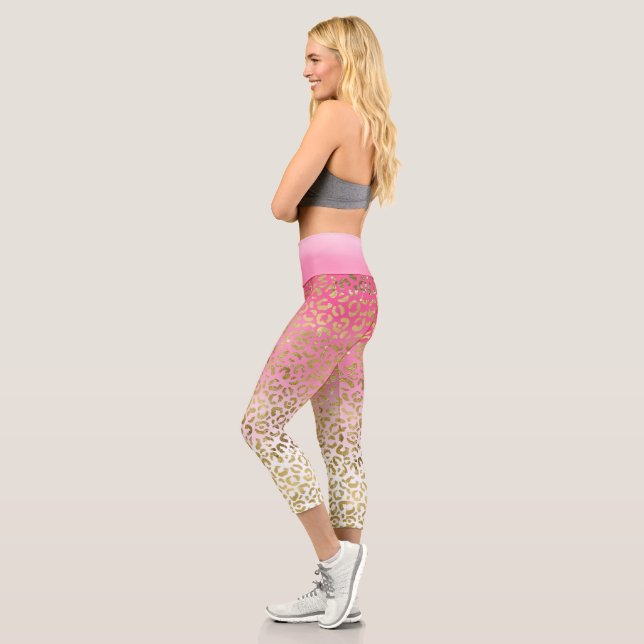 Weißrosa Aquarellfarben Gold Glave Leopard Print Capri Leggings (Links)
