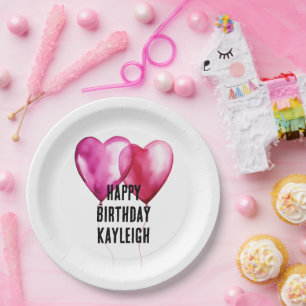 Weißrosa Herzballoons Geburtstag Pappteller