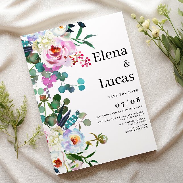 Weißrosa Pink-Pink-Pfefferminz Hochzeit mit Blumen Einladung (Watercolor white pink mint peony floral wedding)