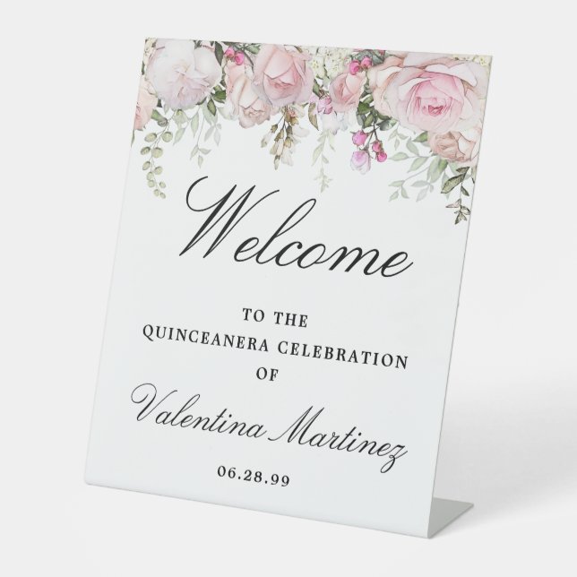 Weißrosa Rosenblume Quinceanera Willkommen Sockelschild (Vorderseite)