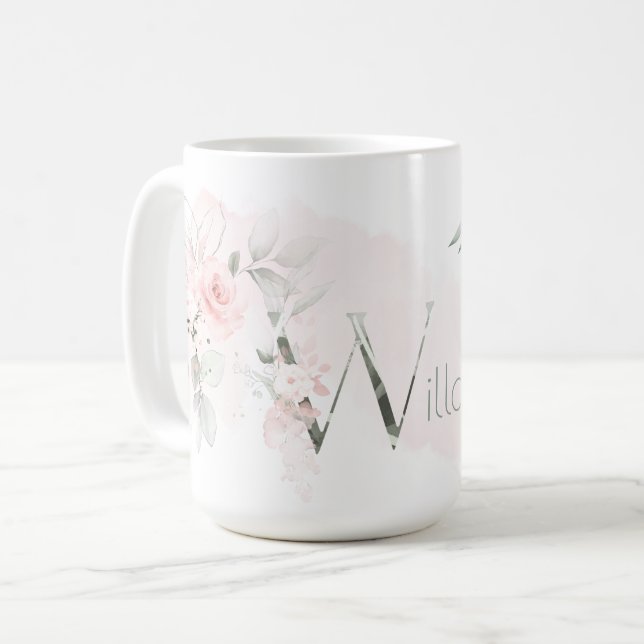Weißrosa Rosenmonogramm-Buchstaben W Kaffeetasse (Vorderseite Links)