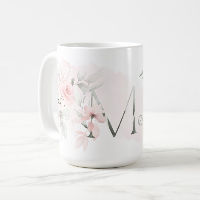 Weißrosa Rosenmonogramm Kaffeetasse (Vorderseite Links)