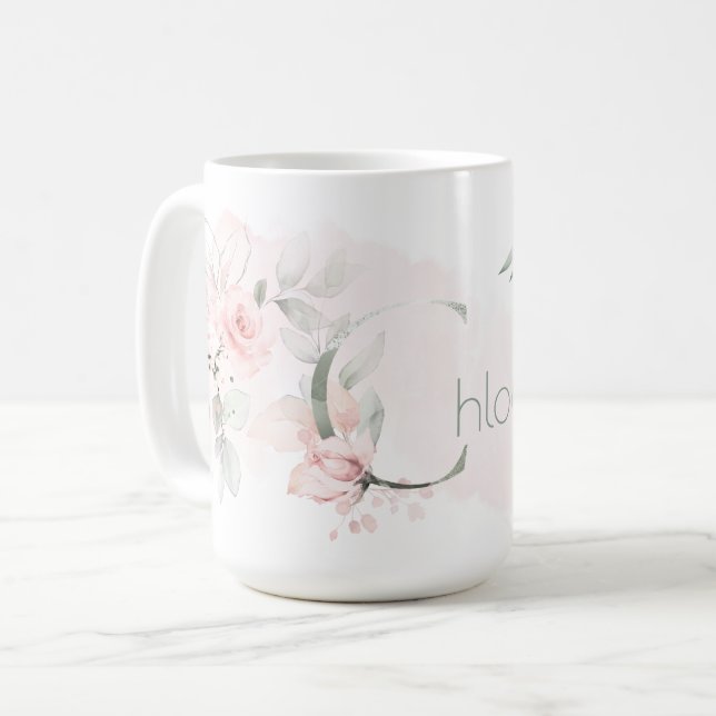 Weißrosa Rosenmonogramm Kaffeetasse (Vorderseite Links)