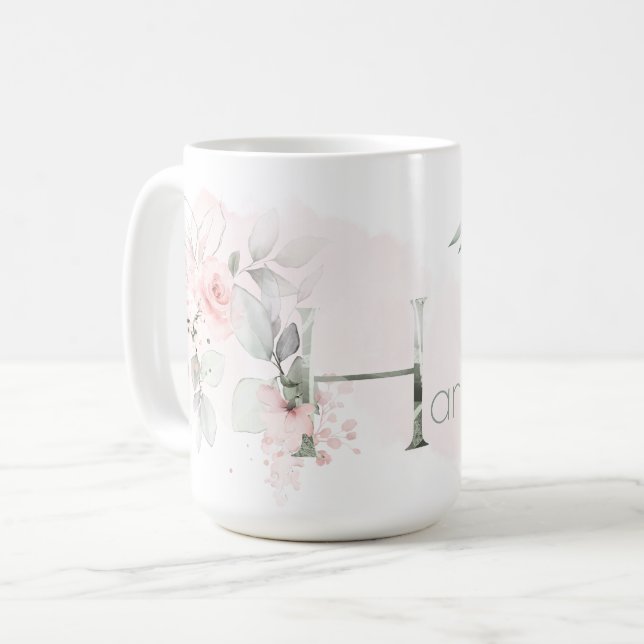 Weißrosa Rosenmonogramm Kaffeetasse (Vorderseite Links)