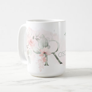 Weißrosa Rosenmonogramm-Letter R Kaffeetasse