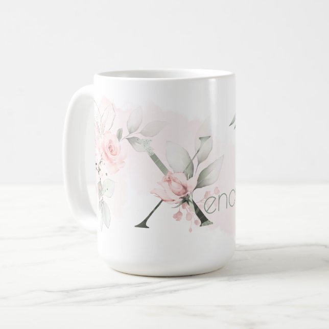 Weißrosa Rosenmonogramm-Letter X Kaffeetasse (Vorderseite Links)