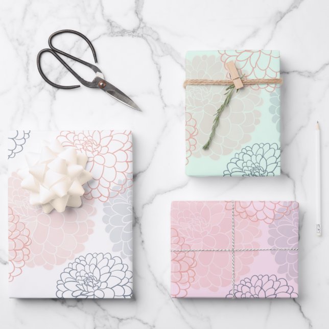 Weißrosa und blaues Dahlias - Set Geschenkpapier Set (Vorderseite)