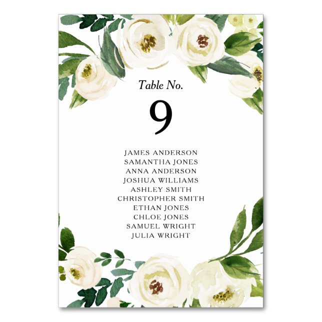 Weißrosen-Blume Hochzeit im Grünen Tischnummer (Vorderseite)
