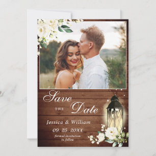 Weißrosen Rustikales Holz Laterne Foto Hochzeit Save The Date
