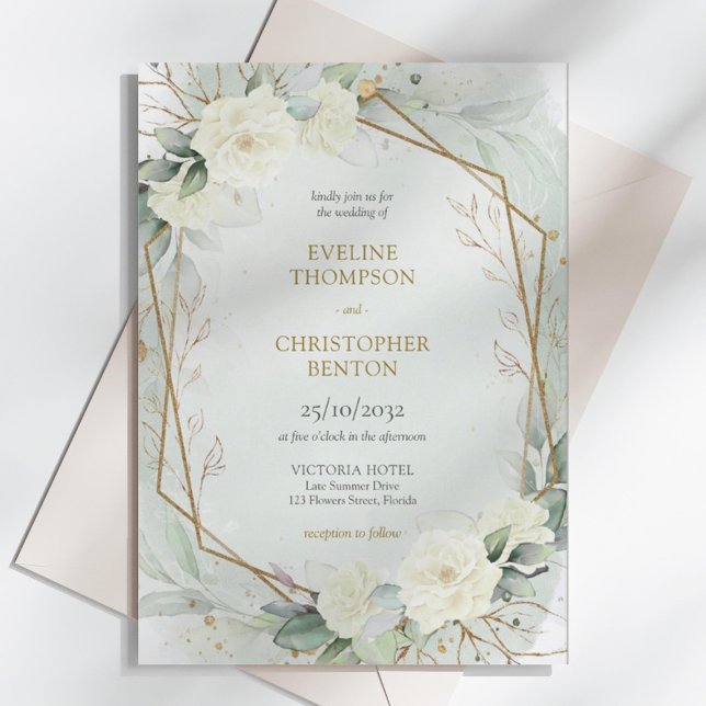 Weißrosen und Eukalyptus-Hochzeit Einladung (Elegant White Roses Floral Garden greenery and gold wedding invitation digital )