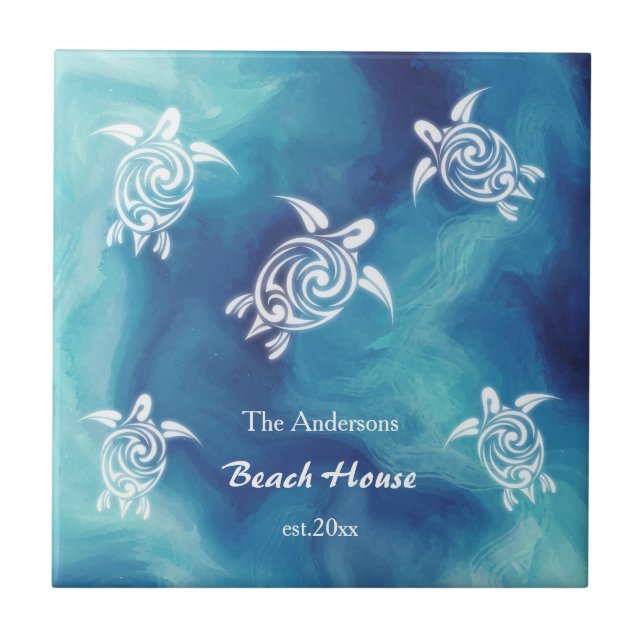 Weißschildkröten Blauer Ozean Aquarellküste Text Fliese (Vorderseite)