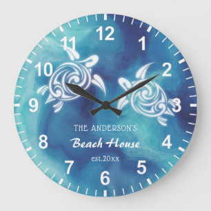Weißschildkröten Blauer Ozean Aquarellküste Text Große Wanduhr