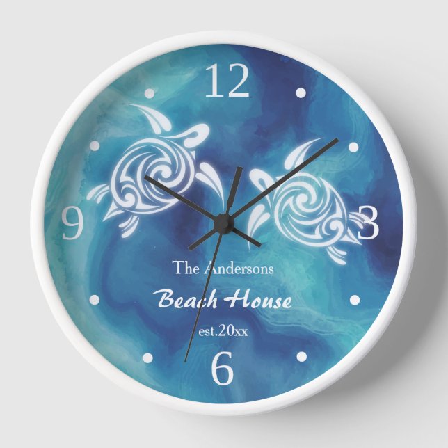 Weißschildkröten Blauer Ozean Aquarellküste Text Uhr (Vorderseite)