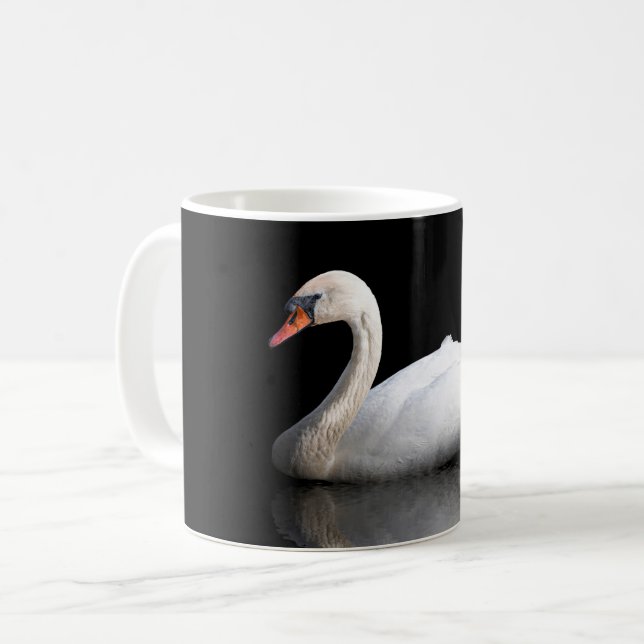 Weißschwan auf schwarz kaffeetasse (Vorderseite Links)