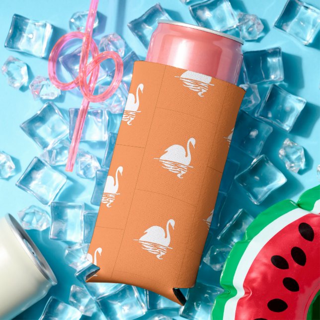 Weißschwan-Silhouette auf Orange Selters Dosenkühler (In Situ Sommer)