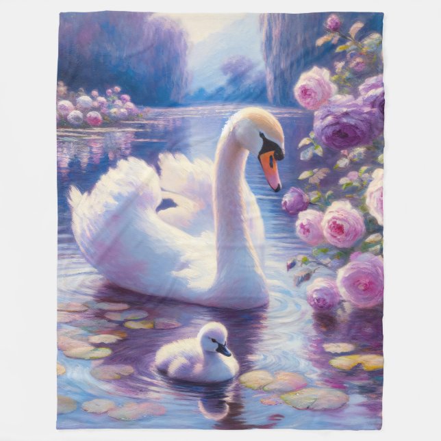 Weißschwan und Cygnet mit Lila Rose Fleecedecke (Vorderseite)